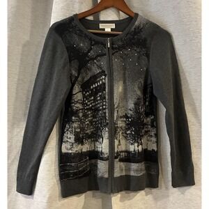 Vintage Christopher & Banks City Scene Zip Up Cardigan Size Medium NYC Manhattan